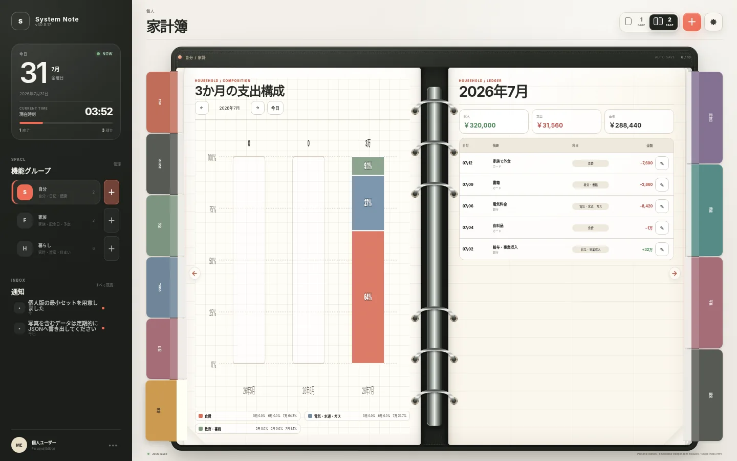 家計簿画面の縮小表示